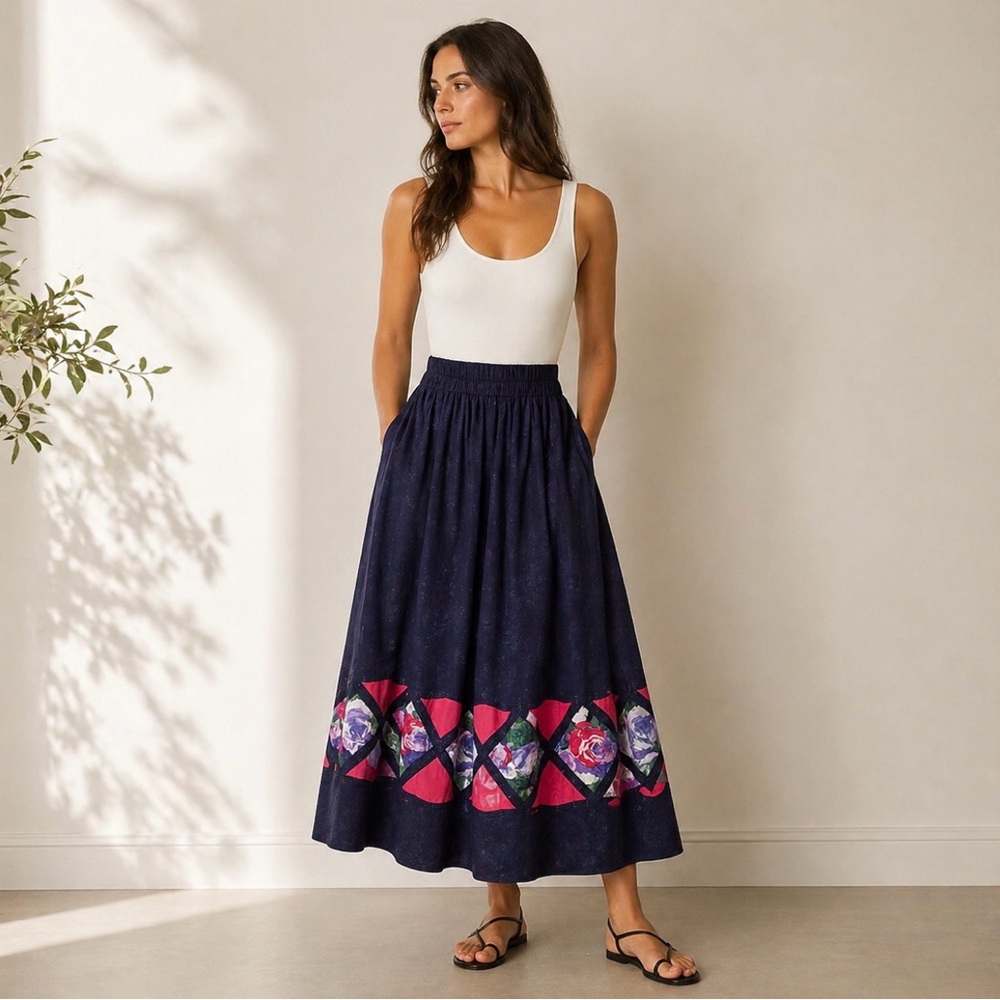 Vintage Vicki Lynn Bardon / Suttles & Seawinds Navy Patchwork Floral Maxi Skirt